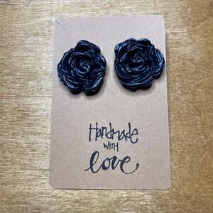 Black Rose Earrings Clay Women Handmade Pop Punk Sparkle